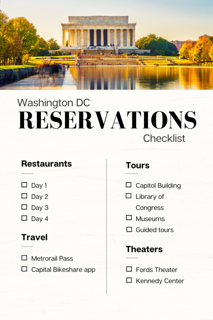 Washington DC 4 Day Itinerary Reservations