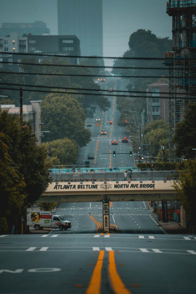 image of an Old 4th Ward Beltline overpass above the street. 