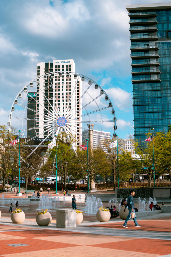 image of skyview atlanta ferris wheel against blue sky