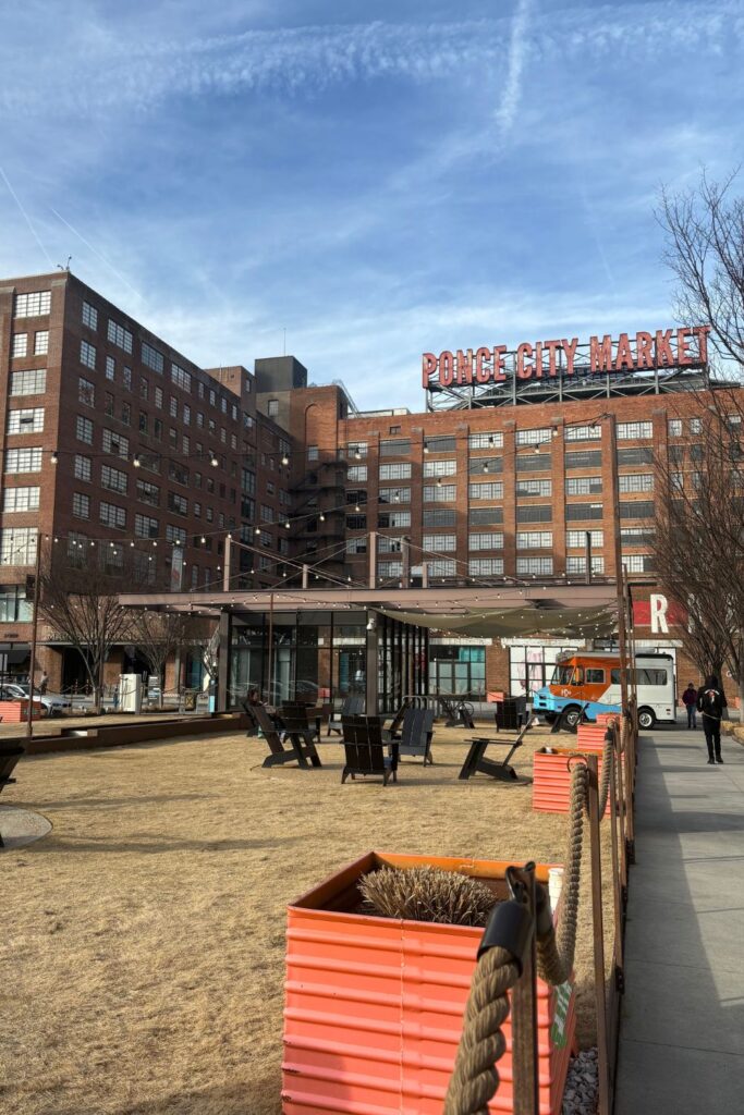 ponce city market front entrance in Atlanta Georgia with many restaurants beside the beltline atlanta