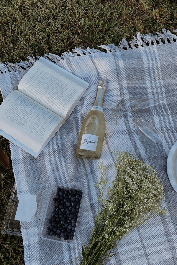 Image of blue checkered picnic blanket, wine, book, and flowers during a date in Piedmont Park Atlanta