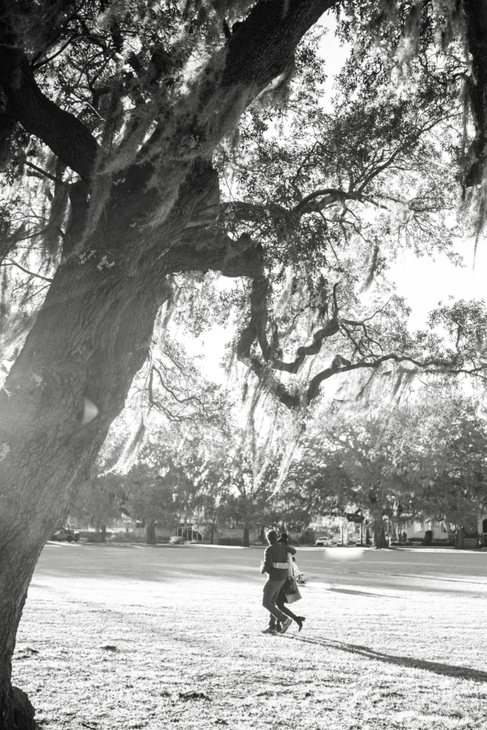 Image of couple running through an open field at a park with a large tree in the foreground in Atlanta Georgia