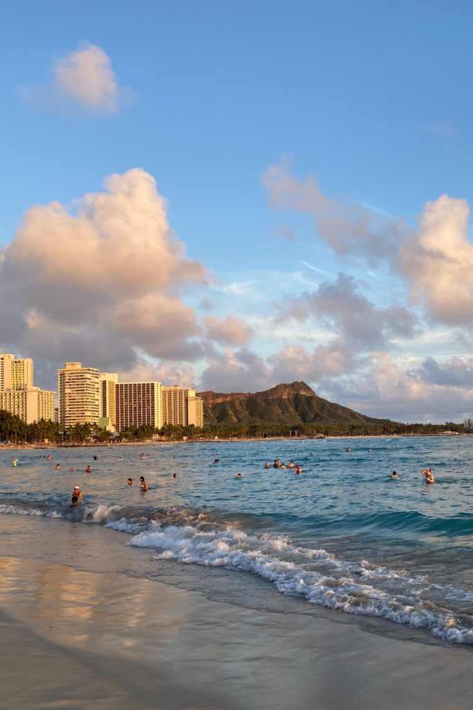 Image from Waikiki Beach looking toward the hotels along the front row of Waikiki in Honolulu Hawaii.