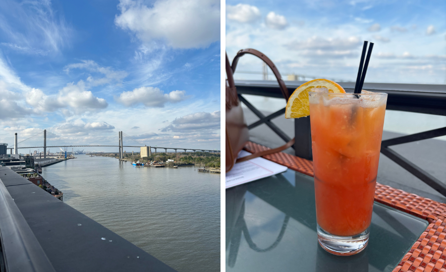 Images of the Savannah skyline overlooking the river, and a beverage from a rooftop bar in Savannah Georgia.