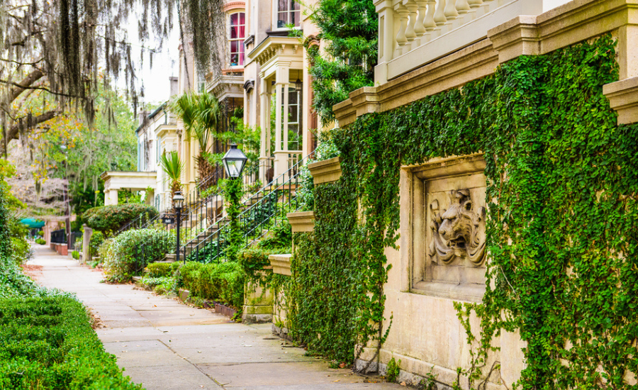 Image of a Savannah GA neighborhood for a weekend of exploring and historic architecture.