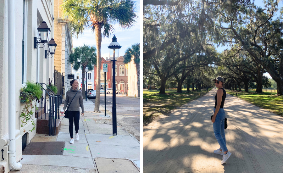 Side by side images of a woman in Charleston SC and Savannah GA during a weekend trip to the city.