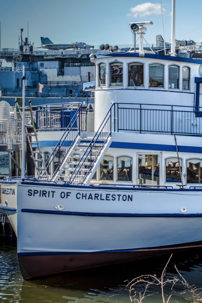 Image of a Charleston boat in the harbor preparing for a sunset cruise 