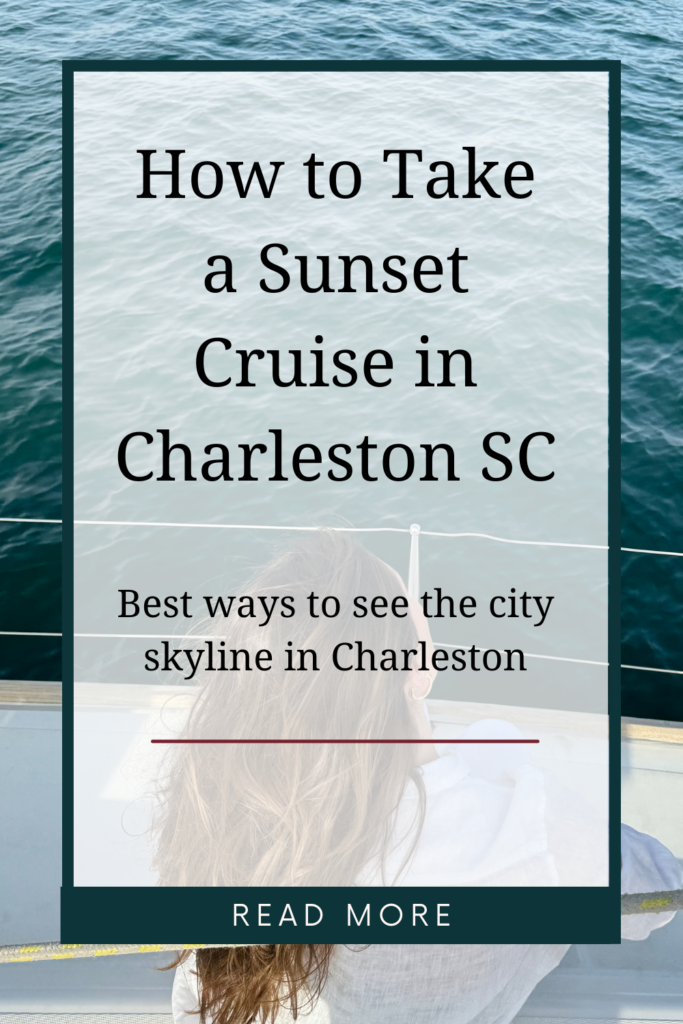 Image of brown haired woman sitting on yacht during a Image of woman with brown hair sitting on the side of a yacht, looking at the ocean during a charleston sc sunset cruise with overlay wording "how to take a sunset cruise in Charleston SC"