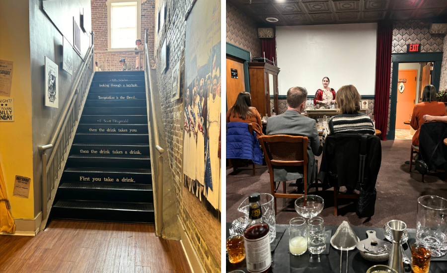 Savannah GA is home to the American Prohibition Museum. This image shows the entrance of the museum and a prohibition era drink making class.