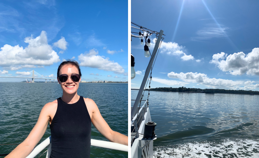 Charleston SC River Cruise is a fun weekend activity in the city. This image shows a woman smiling on the river in Charleston during a boat cruise