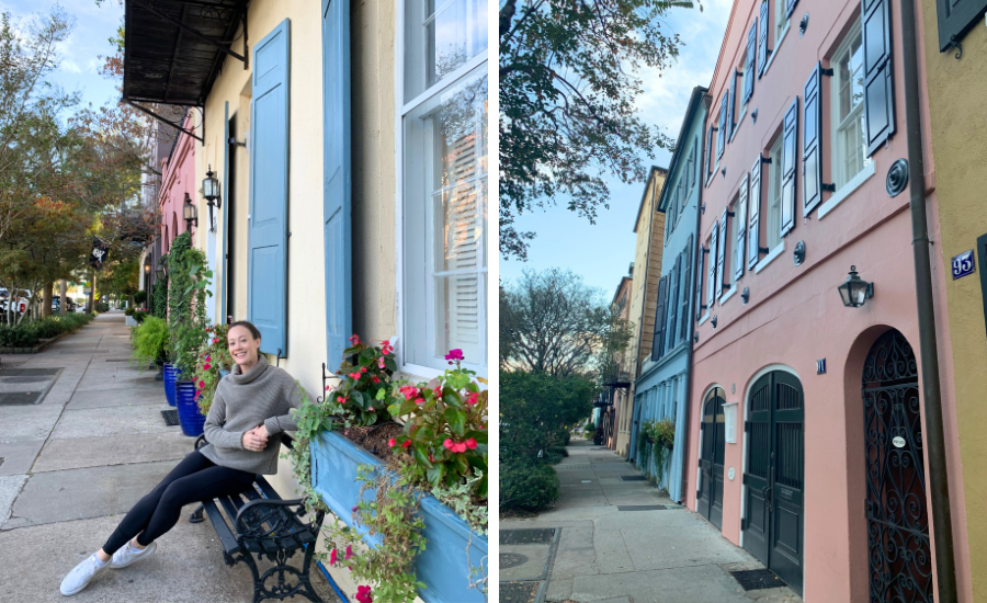 Rainbow Row in Charleston SC image on left of woman sitting on bench beside colorful home, image on right shows houses in rainbow row Charleston SC