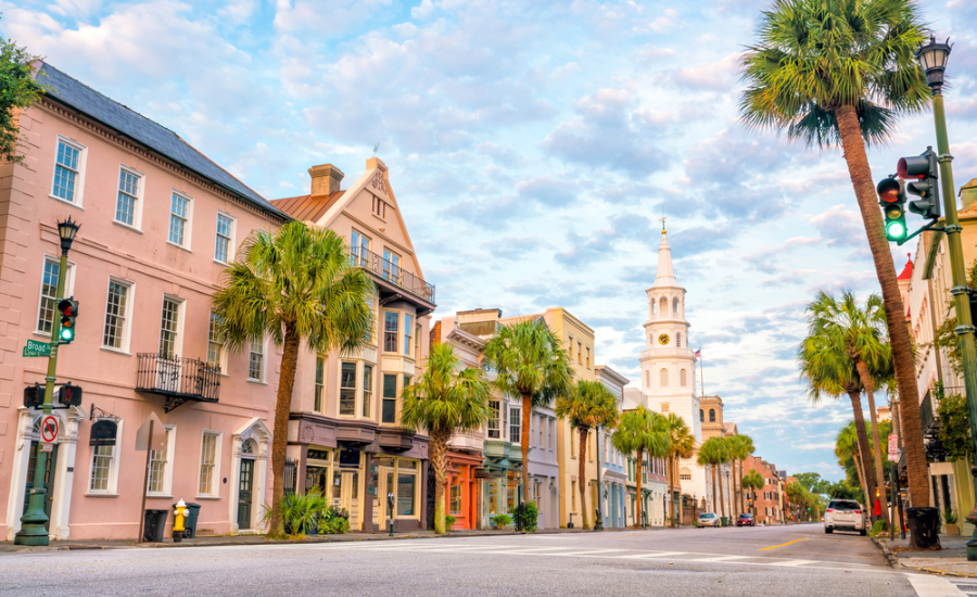 Charleston SC historic buildings along street front