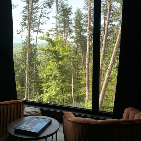 view from interior of Yonah Suite at Image of woman sitting at kitchen counter in Yonah Suite, at Viking Hilltop Suites overlooking the Chattahoochee National Forest beyond