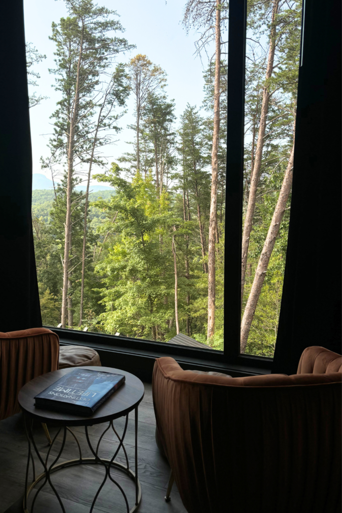 view from interior of Yonah Suite at Image of woman sitting at kitchen counter in Yonah Suite, at Viking Hilltop Suites overlooking the Chattahoochee National Forest beyond