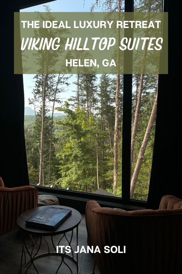 Image of view from Viking Hilltop Suites Yonah Suite with words "the ideal luxury retreat at Viking Hilltop Suites Helen GA" written at top of image