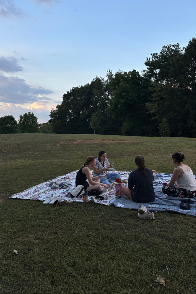 Image of group sitting on picnic blanket in Piedmont Park, a top activity during November in Atlanta