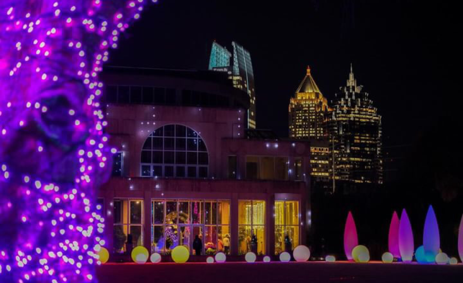 Image of the Atlanta Botanical Gardens with Christmas Lights in Georgia.