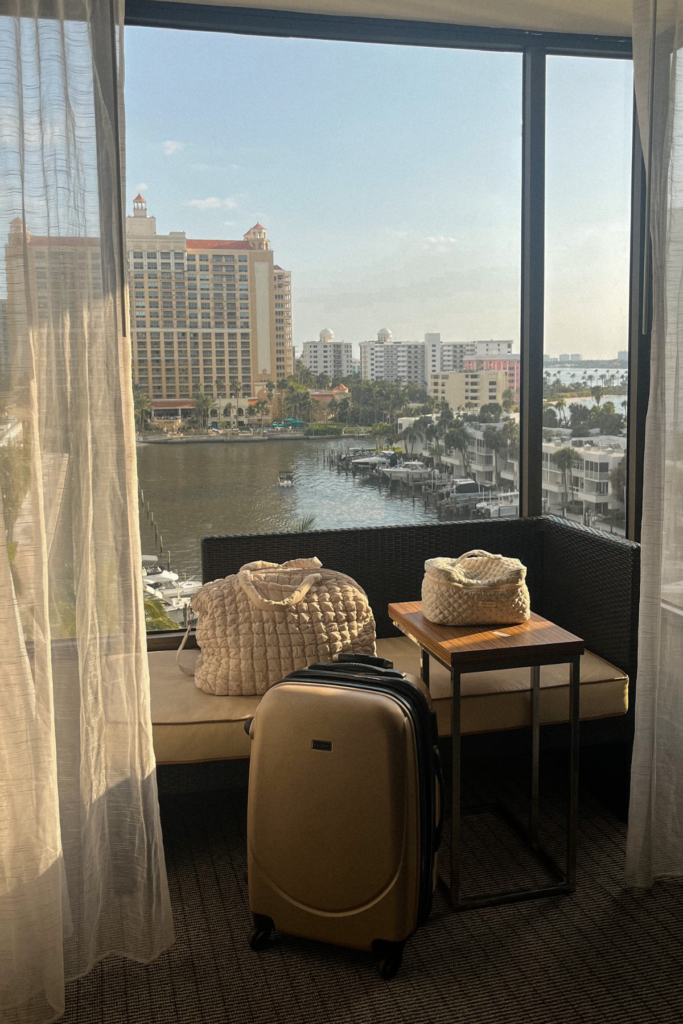 Image of carry on bags in hotel room overlooking the city