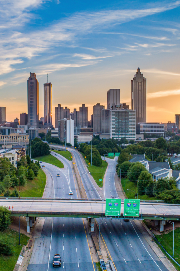 Skyline view of downtown Atlanta Georgia and surrounding roads.