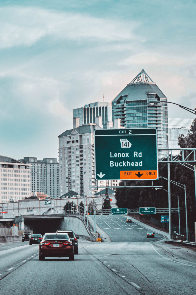 Image of Buckhead exit off the freeway in Atlanta Georgia.