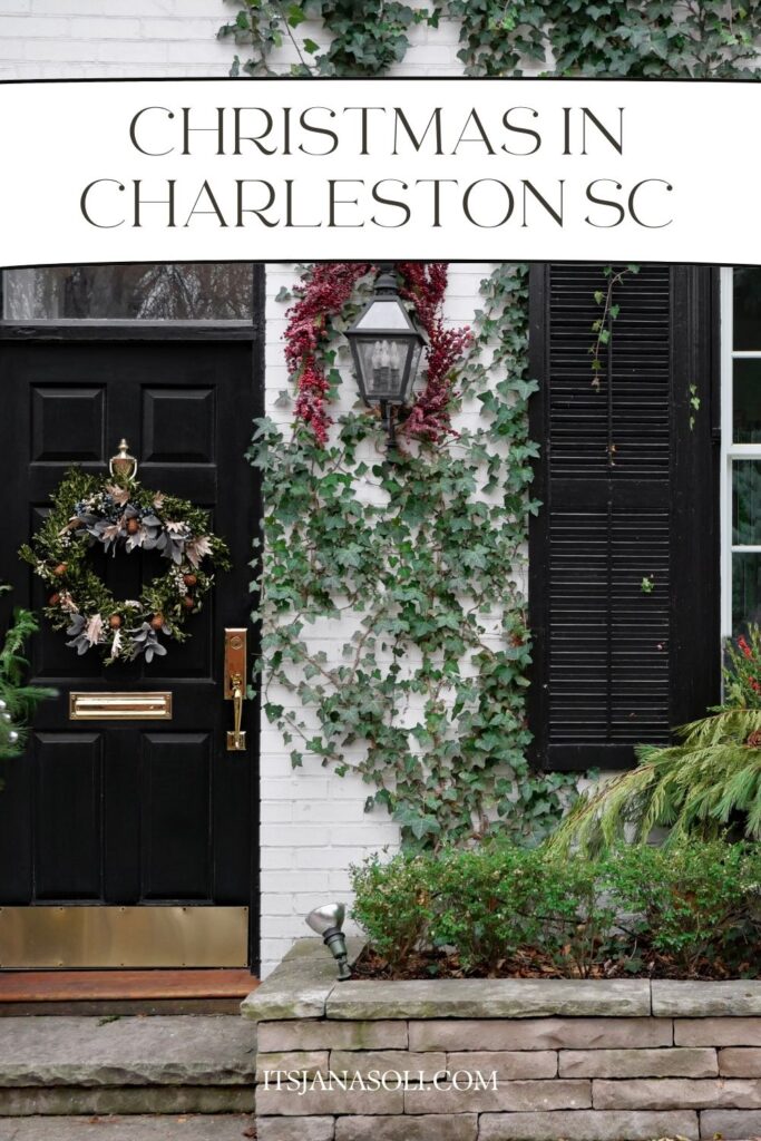 Historic home decorated for Christmas with words Christmas in Charleston SC on image.