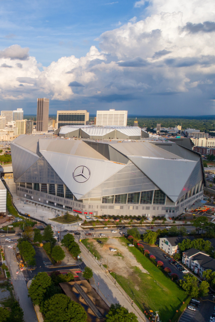 Aerial view of the Mercedes-Benz Stadium in Atlanta Georgia in January.