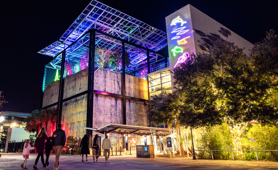 South Carolina Aquarium exterior of building with Christmas lights in Charleston SC.